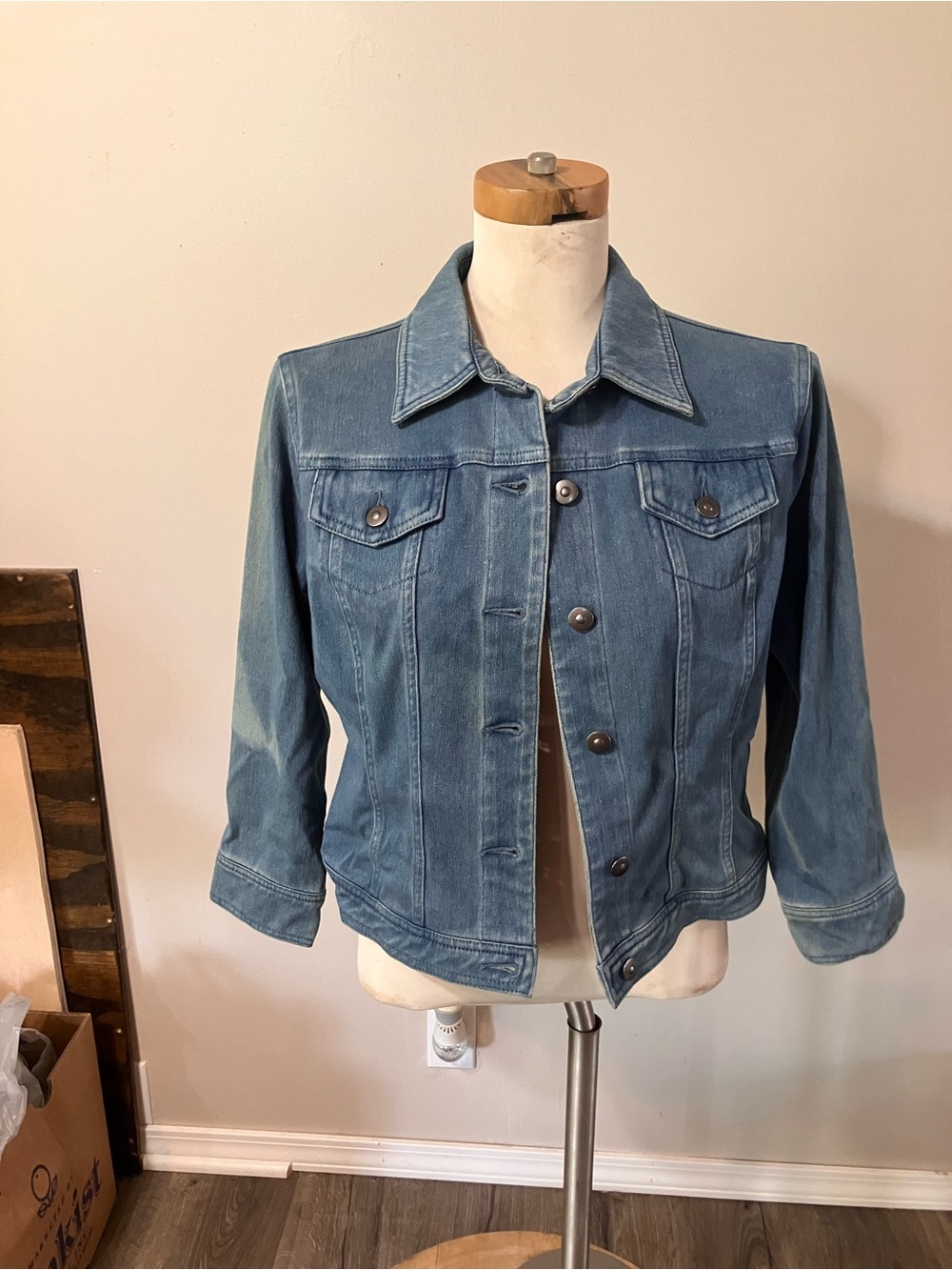 Distressed Ruby Rd. Blue Denim Button-Front Jacket